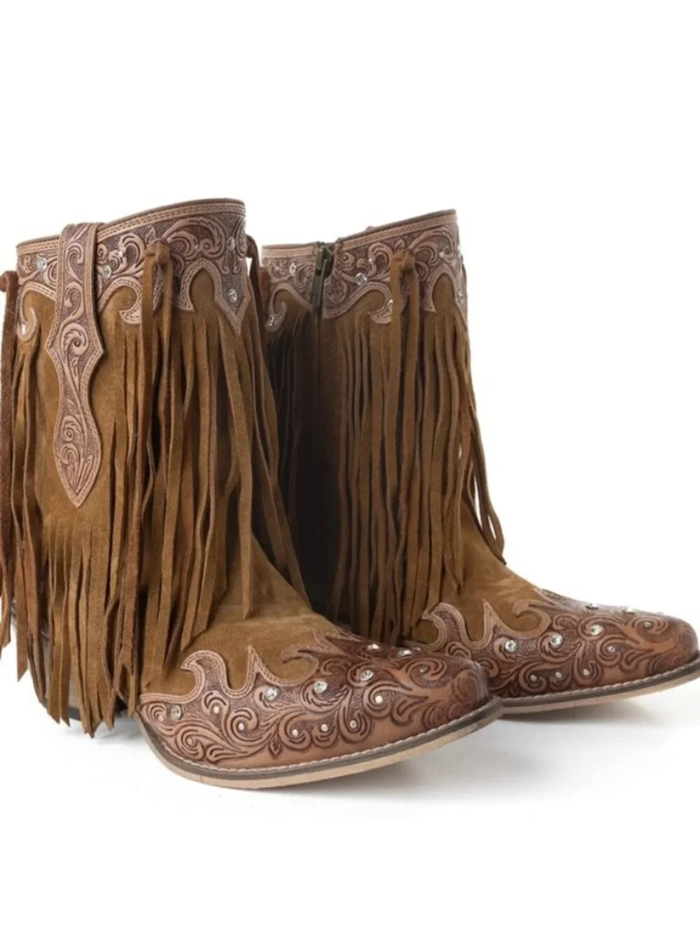 Goldrush Gleam Fringed Handtooled Leather Boots in Dusty Oak - Picture 2 of 3